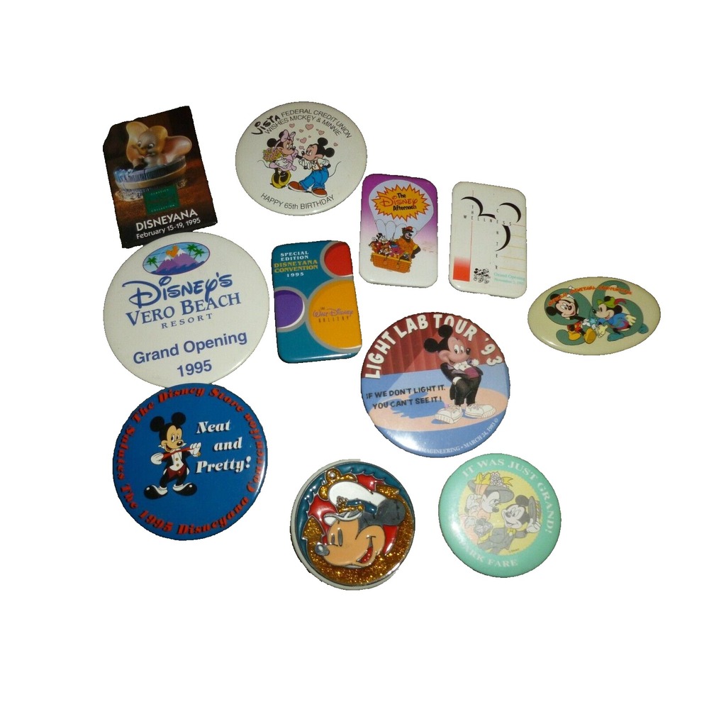 Disney Pinback Button Lot 11pc Mickey Minnie Disneyana 1995 Vero Beach 1993 1995